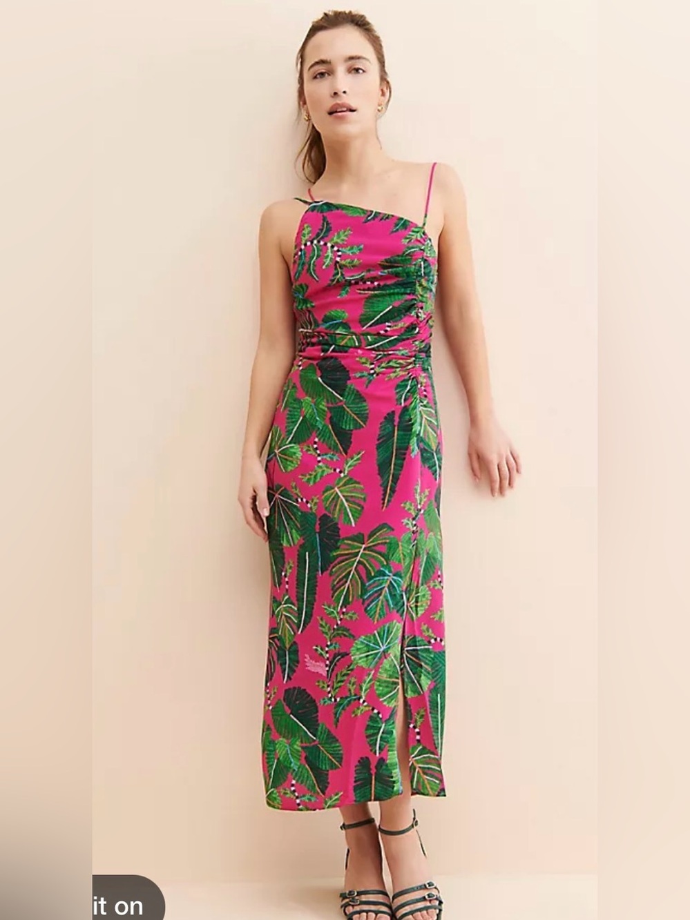 FARM Rio Tropical Leaf One Shoulder Midi Dress Ruched Cutout Resort Dress Sz M